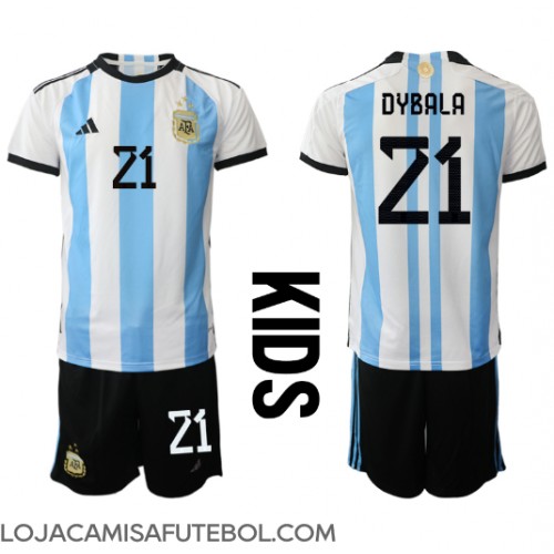 Camisa de Futebol Argentina Paulo Dybala #21 Equipamento Principal Infantil Mundo 2022 Manga Curta (+ Calças curtas)